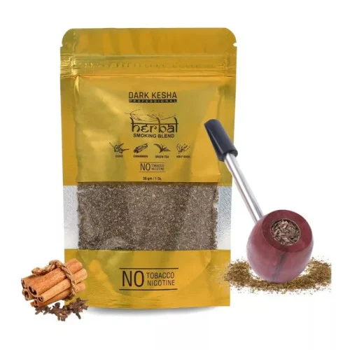 Dark Kesha Herbal Smoking Blend + Wooden Steel Pipe (30gm + 1pcs) (1Pack)