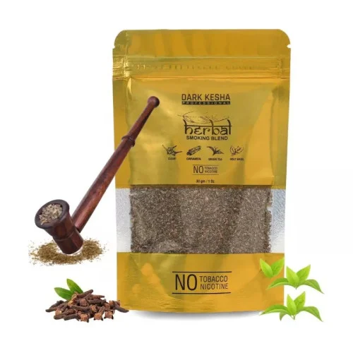 Dark Kesha Herbal Smoking Blend + Wooden Pipe Brown Pot (30gm + 1pcs) (1Pack)