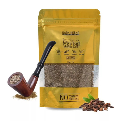 Dark Kesha Herbal Smoking Blend + Wooden Pipe Horn (30gm + 1pcs) (1Pack)