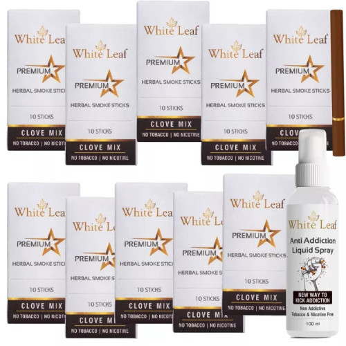 White Leaf Premium Herbal Cigarette Clove + Anti Addiction Liquid Pray (10 Boxes Each 10 Sticks + 100ml) (1Pack)