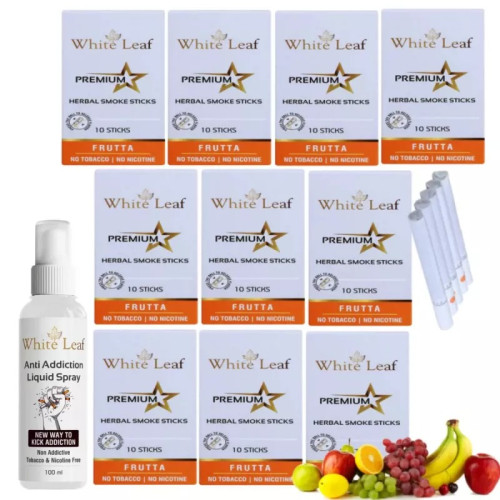 White Leaf Premium Herbal Cigarettes Frutta Flavour + Anti Addiction Liquid Spray (10 Boxes Each 10 Sticks + 100ml) (1Pack)