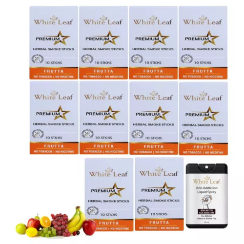 White Leaf Premium Herbal Cigarettes Frutta Flavour + Anti Addiction Liquid Spray (10 Boxes Each 10 Sticks + 20ml) (1Pack)