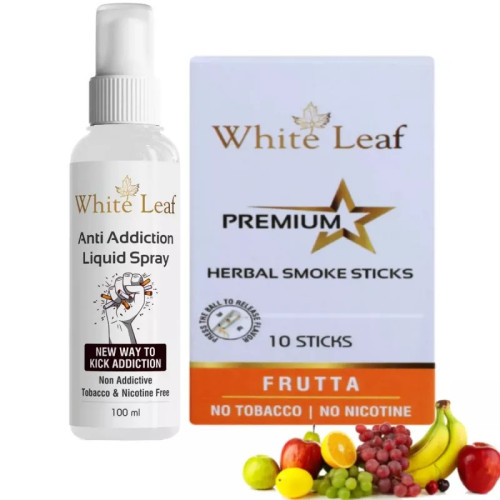 White Leaf Premium Herbal Cigarettes Frutta Flavour + Anti Addiction Liquid Spray (1 Boxes Each 10 Sticks + 100ml) (1Pack)