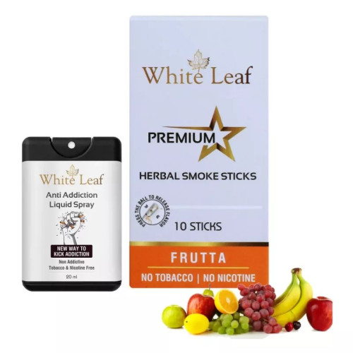 White Leaf Premium Herbal Cigarettes Frutta Flavour + Anti Addiction Liquid Spray (1 Boxes Each 10 Sticks + 20ml) (1Pack)
