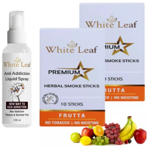 White Leaf Premium Herbal Cigarettes Frutta Flavour + Anti Addiction Liquid Spray (2 Boxes Each 10 Sticks + 100ml) (1Pack)