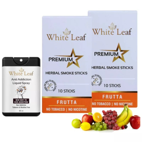 White Leaf Premium Herbal Cigarettes Frutta Flavour + Anti Addiction Liquid Spray (2 Boxes Each Sticks + 20ml) (1Pack)