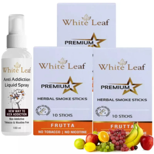 White Leaf Premium Herbal Cigarettes Frutta Flavour + Anti Addiction Liquid Spray (3 Boxes Each 10 Sticks + 100ml) (1Pack)