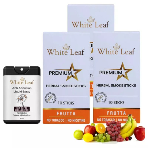 White Leaf Premium Herbal Cigarettes Frutta Flavour + Anti Addiction Liquid Spray (3 Boxes Each 10 Sticks + 20ml) (1Pack)