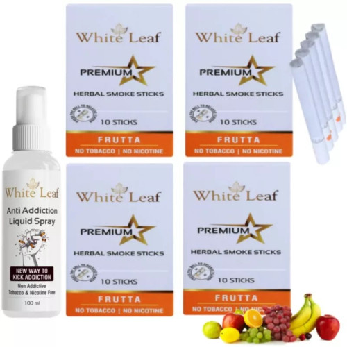 White Leaf Premium Herbal Cigarettes Frutta Flavour + Anti Addiction Liquid Spray (4 Boxes Each 10 Sticks + 100ml) (1Pack)