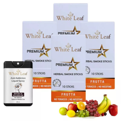 White Leaf Premium Herbal Cigarettes Frutta Flavour + Anti Addiction Liquid Spray (4 Boxes Each 10 Sticks + 20ml) (1Pack)