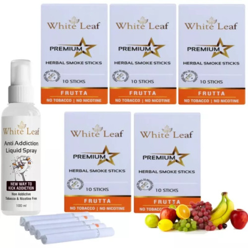 White Leaf Premium Herbal Cigarettes Frutta Flavour + Anti Addiction Liquid Spray (5 Boxes Each 10 Sticks + 100ml) (1Pack)
