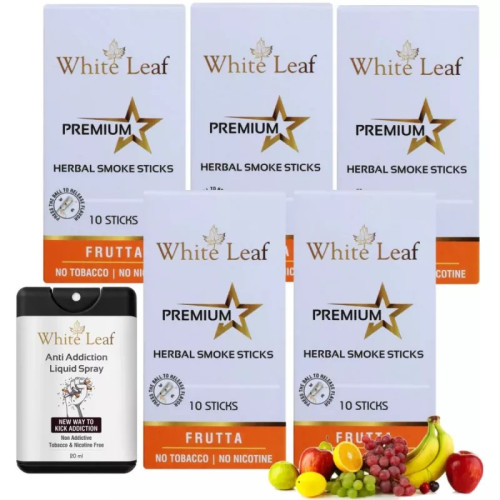 White Leaf Premium Herbal Cigarettes Frutta Flavour + Anti Addiction Liquid Spray (5 Boxes Each 10 Sticks + 20ml) (1Pack)
