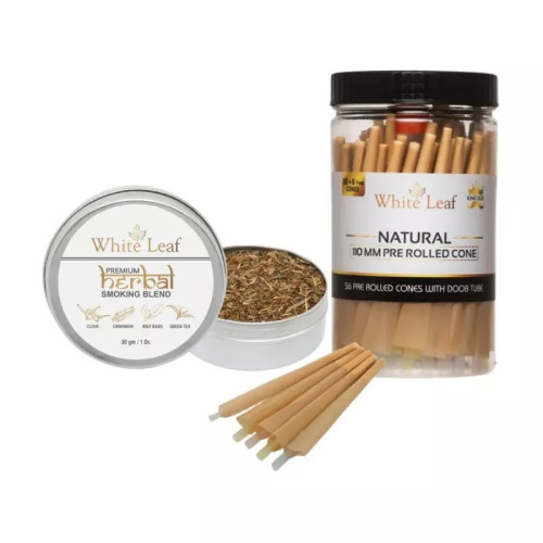White Leaf Premium Herbal Smoking Blend Mixture + Natural 110 Mm Pre Rolled Cone (30gm + 56 pcs) (1Pack)