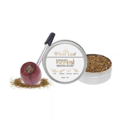 White Leaf Premium Herbal Smoking Blend Mixture + Wooden Steel Pipe (30gm + 1 pcs) (1Pack)