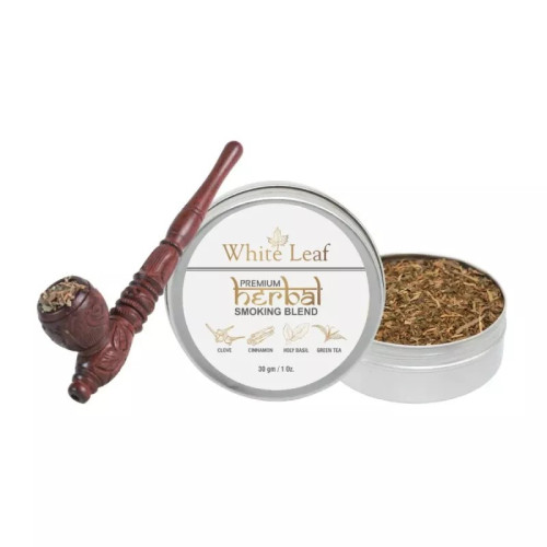 White Leaf Premium Herbal Smoking Blend Mixture + Wooden Antique Pipe (30gm + 1 pcs) (1Pack)