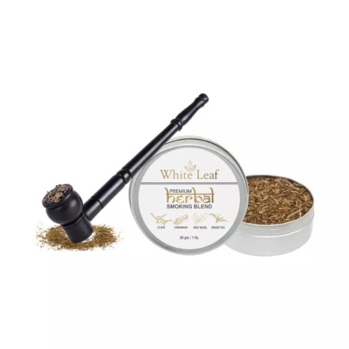 White Leaf Premium Herbal Smoking Blend Mixture + Wooden Black Bowl Pipe (30gm + 1 pcs) (1Pack)
