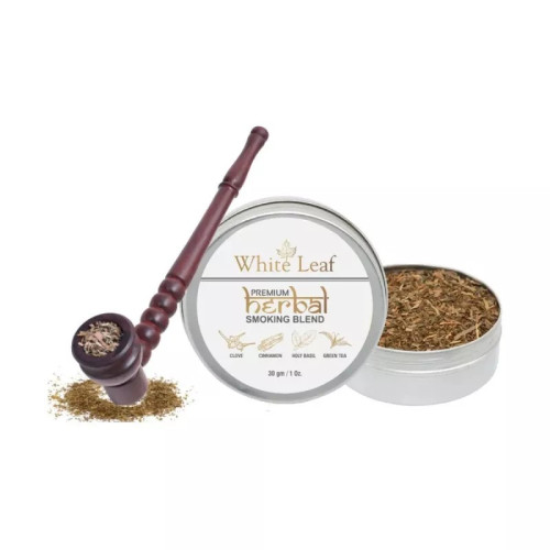 White Leaf Premium Herbal Smoking Blend Mixture + Wooden Brown Bowl Pipe (30gm + 1 pcs) (1Pack)