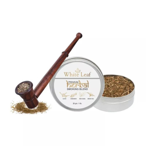 White Leaf Premium Herbal Smoking Blend Mixture + Wooden Pipe Brown Pot (30gm + 1 pcs) (1Pack)