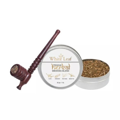 White Leaf Premium Herbal Smoking Blend Mixture + Wooden Circular Pipe (30gm + 1 pcs) (1Pack)