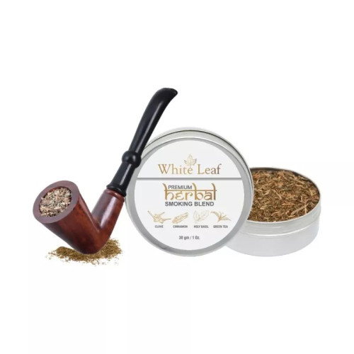 White Leaf Premium Herbal Smoking Blend Mixture + Wooden Pipe Horn (30gm + 1 pcs) (1Pack)