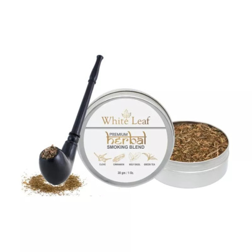 White Leaf Premium Herbal Smoking Blend Mixture + Wooden Royal Black Pipe (30gm + 1 pcs) (1Pack)