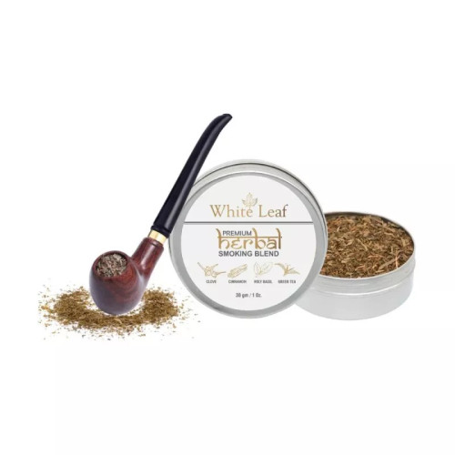 White Leaf Premium Herbal Smoking Blend Mixture + Wooden Pipe Brown (30gm + 1 pcs) (1Pack)