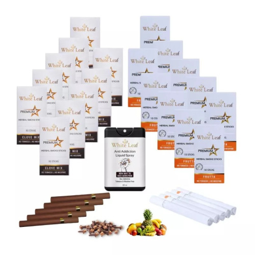 White Leaf Premium Herbal Cigarette Clove And Frutta Flavour + Anti Addiction Liquid Pray (20 Boxes Each 10 Sticks + 80ml) (1Pack)