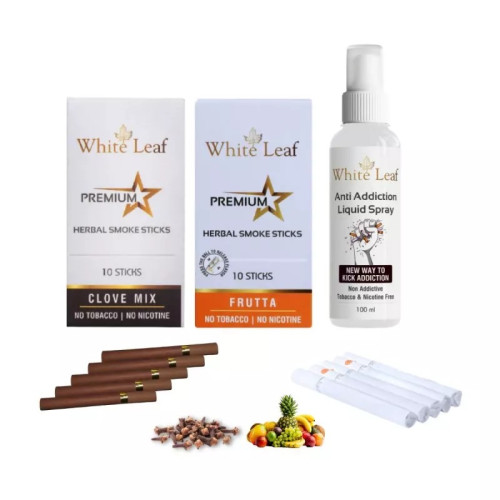 White Leaf Premium Herbal Cigarette Clove And Frutta Flavour + Anti Addiction Liquid Pray (2 Boxes Each 10 Sticks + 100ml) (1Pack)