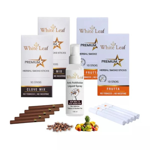 White Leaf Premium Herbal Cigarette Clove And Frutta Flavour + Anti Addiction Liquid Pray (4 Boxes Each 10 Sticks + 100ml) (1Pack)