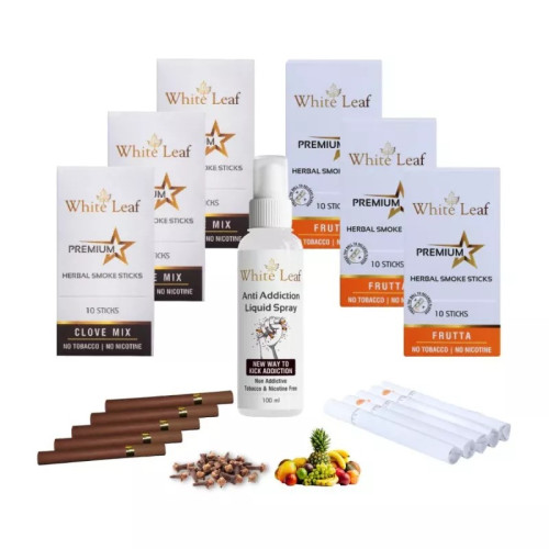 White Leaf Premium Herbal Cigarette Clove And Frutta Flavour + Anti Addiction Liquid Pray (6 Boxes Each 10 Sticks + 100ml) (1Pack)
