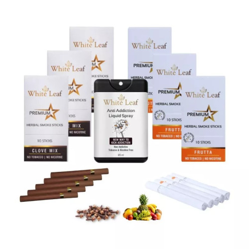 White Leaf Premium Herbal Cigarette Clove And Frutta Flavour + Anti Addiction Liquid Pray (6 Boxes Each 10 Sticks + 20ml) (1Pack)