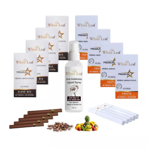 White Leaf Premium Herbal Cigarette Clove And Frutta Flavour + Anti Addiction Liquid Pray (8 Boxes Each 10 Sticks + 100ml) (1Pack)