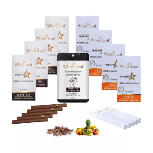 White Leaf Premium Herbal Cigarette Clove And Frutta Flavour + Anti Addiction Liquid Pray (8 Boxes Each 10 Sticks + 20ml) (1Pack)