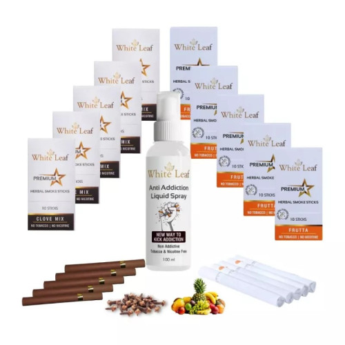 White Leaf Premium Herbal Cigarette Clove And Frutta Flavour + Anti Addiction Liquid Pray (10 Boxes Each 10 Sticks + 100ml) (1Pack)
