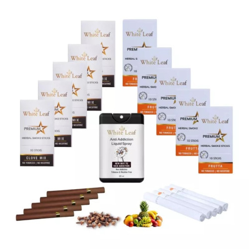 White Leaf Premium Herbal Cigarette Clove And Frutta Flavour + Anti Addiction Liquid Pray (10 Boxes Each 10 Sticks + 20ml) (1Pack)