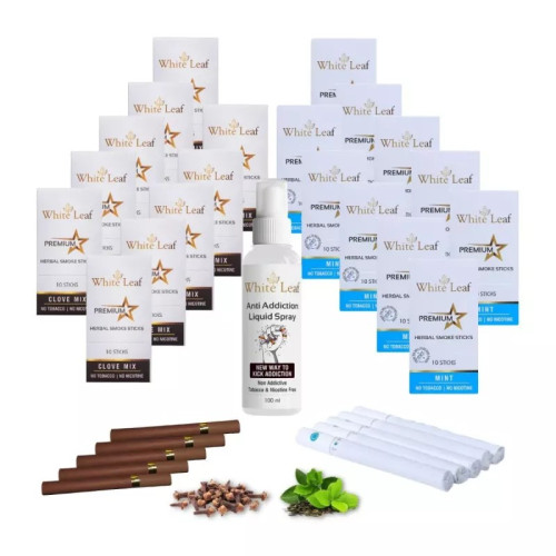 White Leaf Premium Herbal Cigarette Clove And Mint Flavour + Anti Addiction Liquid Pray (20 Boxes Each 10 Sticks + 100ml) (1Pack)