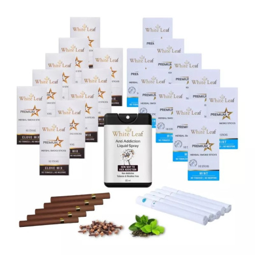 White Leaf Premium Herbal Cigarette Clove And Mint Flavour + Anti Addiction Liquid Pray (20 Boxes Each 10 Sticks + 20ml) (1Pack)