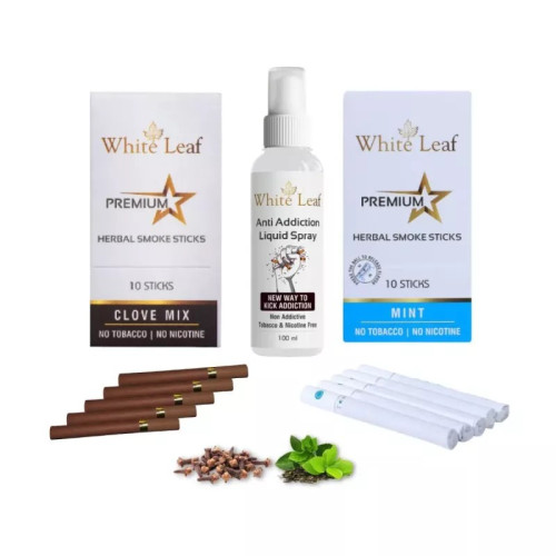 White Leaf Premium Herbal Cigarette Clove And Mint Flavour + Anti Addiction Liquid Pray (2 Boxes Each 10 Sticks + 100ml) (1Pack)