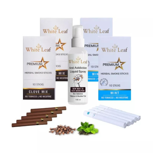 White Leaf Premium Herbal Cigarette Clove And Mint Flavour + Anti Addiction Liquid Pray (4 Boxes Each 10 Sticks + 100ml) (1Pack)