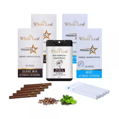 White Leaf Premium Herbal Cigarette Clove And Mint Flavour + Anti Addiction Liquid Pray (4 Boxes Each 10 Sticks + 20ml) (1Pack)