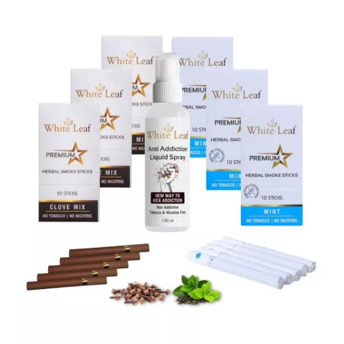 White Leaf Premium Herbal Cigarette Clove And Mint Flavour + Anti Addiction Liquid Pray (6 Boxes Each 10 Sticks + 100ml) (1Pack)