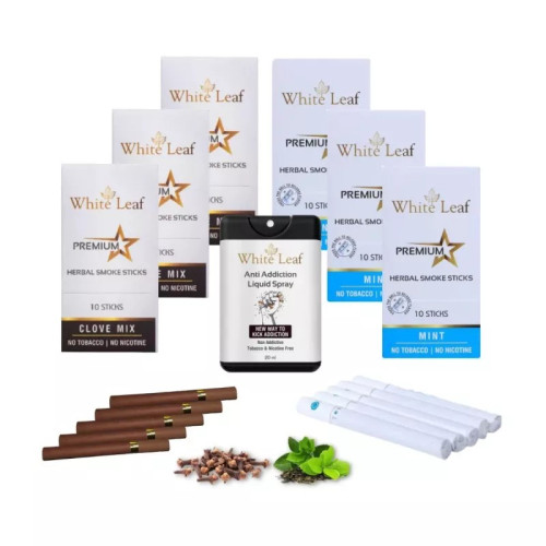 White Leaf Premium Herbal Cigarette Clove And Mint Flavour + Anti Addiction Liquid Pray (6 Boxes Each 10 Sticks + 20ml) (1Pack)