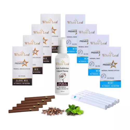 White Leaf Premium Herbal Cigarette Clove And Mint Flavour + Anti Addiction Liquid Pray (8 Boxes Each 10 Sticks + 100ml) (1Pack)