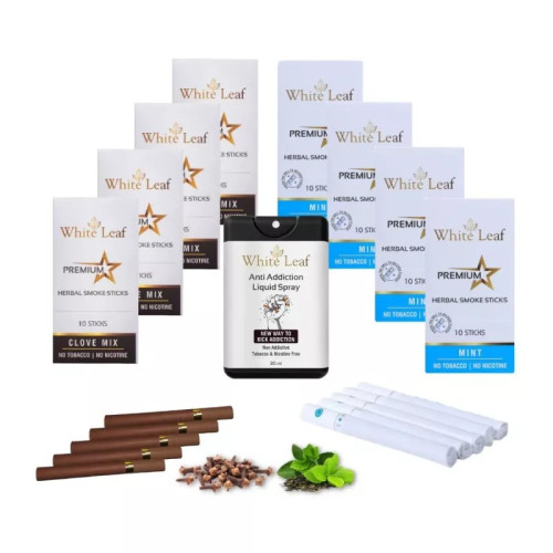 White Leaf Premium Herbal Cigarette Clove And Mint Flavour + Anti Addiction Liquid Pray (8 Boxes Each 10 Sticks + 20ml) (1Pack)