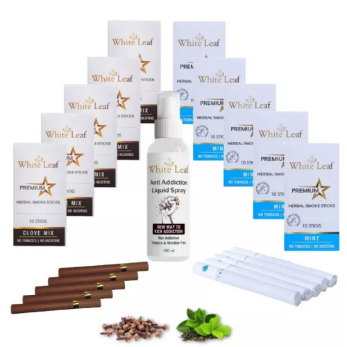 White Leaf Premium Herbal Cigarette Clove And Mint Flavour + Anti Addiction Liquid Pray (10 Boxes Each 10 Sticks + 100ml) (1Pack)