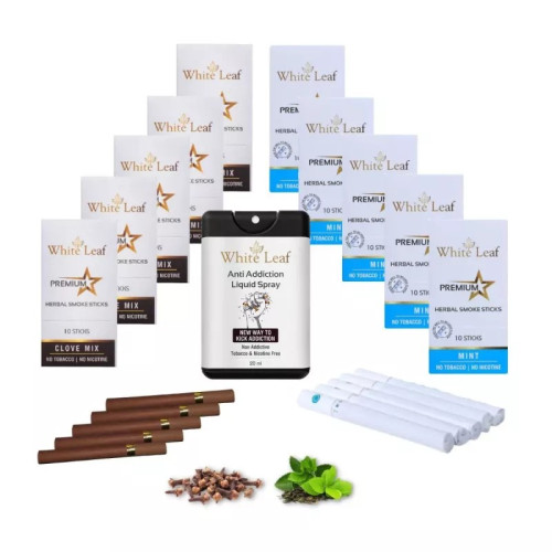 White Leaf Premium Herbal Cigarette Clove And Mint Flavour + Anti Addiction Liquid Pray (10 Boxes Each 10 Sticks + 20ml) (1Pack)