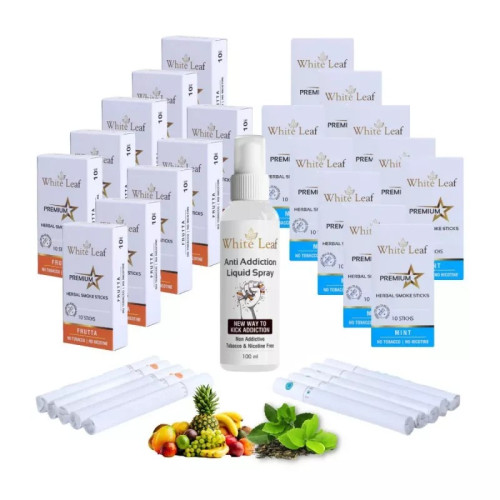White Leaf Premium Herbal Cigarettes Frutta And Mint Flavour + Anti Addiction Liquid Spray (20 Boxes Each 10 Sticks + 100ml) (1Pack)