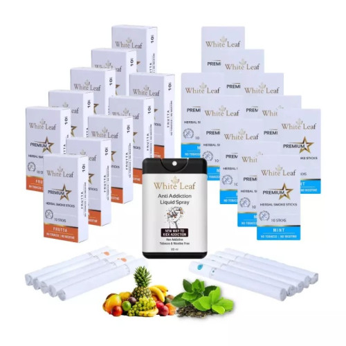 White Leaf Premium Herbal Cigarettes Frutta And Mint Flavour + Anti Addiction Liquid Spray (20 Boxes Each 10 Sticks + 20ml) (1Pack)