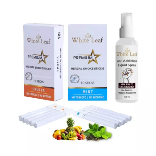 White Leaf Premium Herbal Cigarettes Frutta And Mint Flavour + Anti Addiction Liquid Spray (2 Boxes Each 10 Sticks + 100ml) (1Pack)