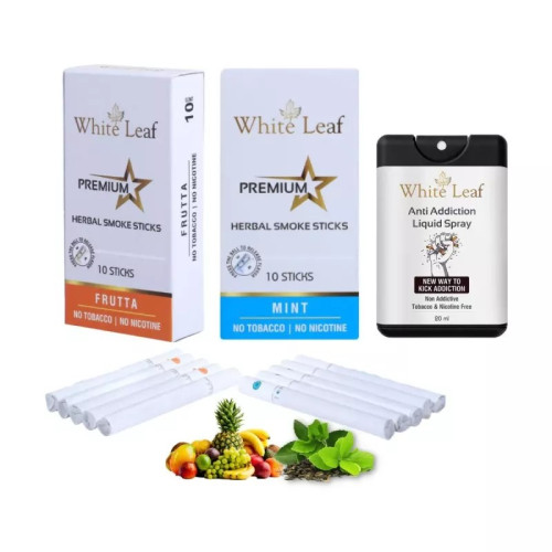 White Leaf Premium Herbal Cigarettes Frutta And Mint Flavour + Anti Addiction Liquid Spray (2 Boxes Each 10 Sticks + 20ml) (1Pack)